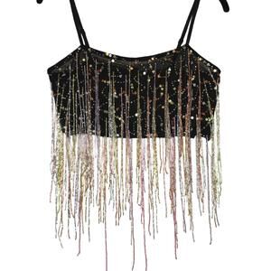 Nasty Gal Sequin Beaded Crop Top Black Multicolor Festival Party Size 2 NWT!